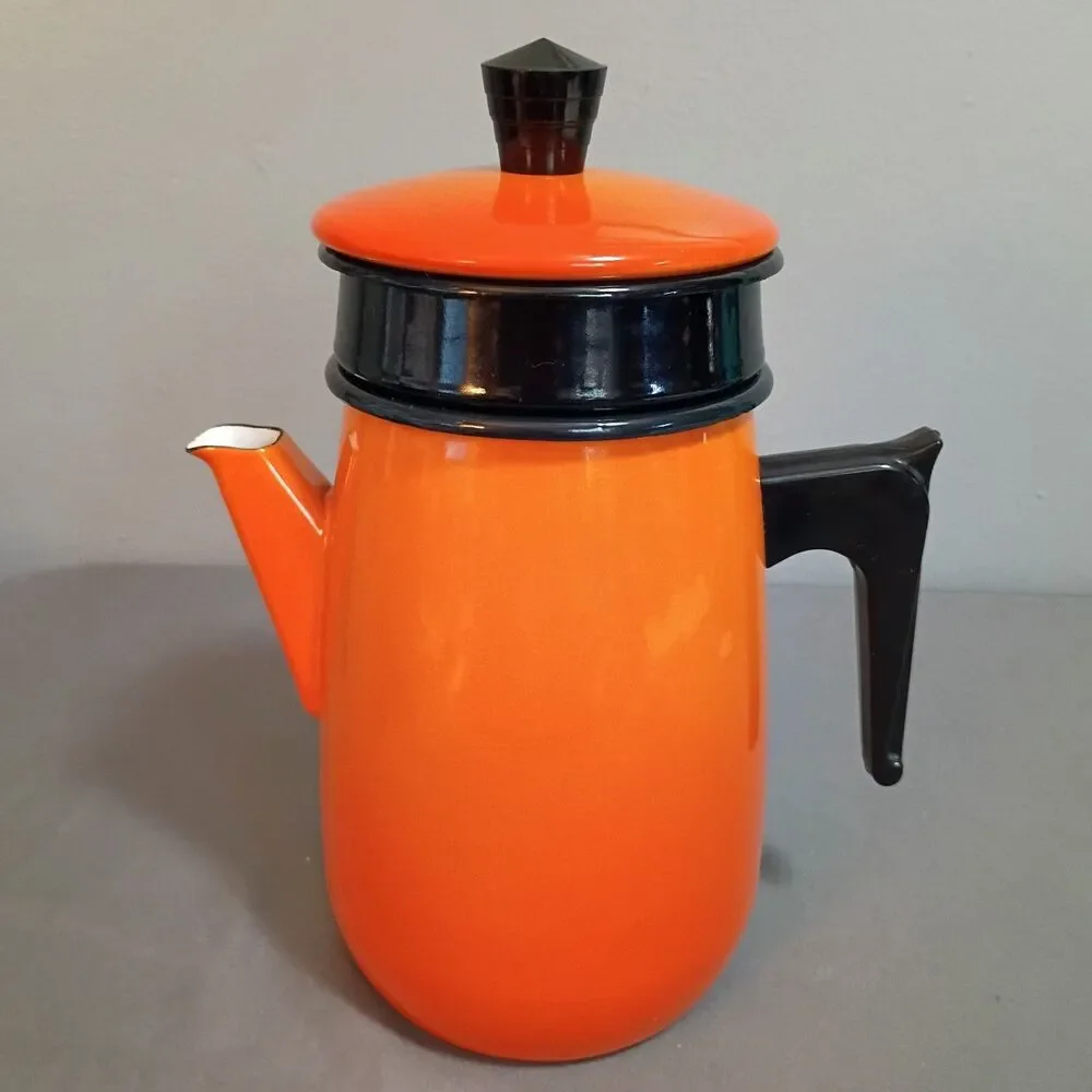 Vintage Aubecq Orange Ombre Enamel Mid Century Modern Coffee Pot France Aubeco